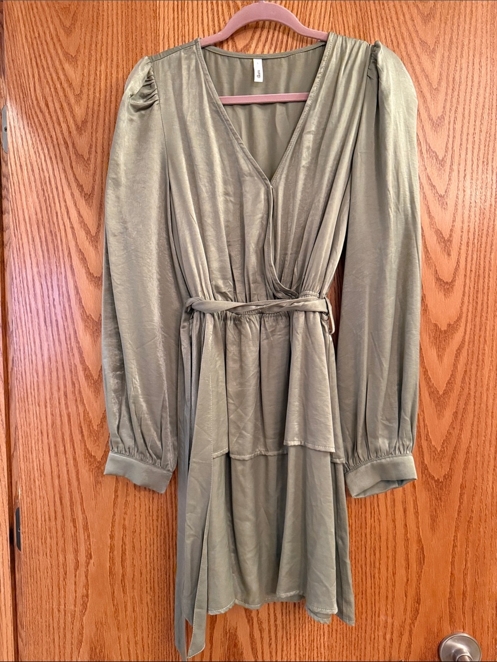glam Olive Wrap-Style Long Sleeve Dress